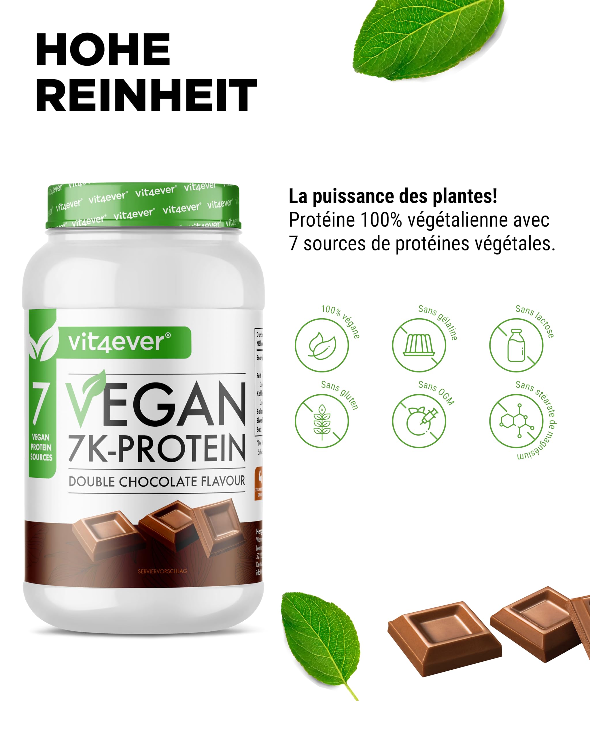 Vegan 7K Protein - 1kg -Double Chocolat - Poudre de protéine purement végétale avec des protéines de riz, d'amande, de soja, de pois, de chanvre, de canneberge et de tournesol.