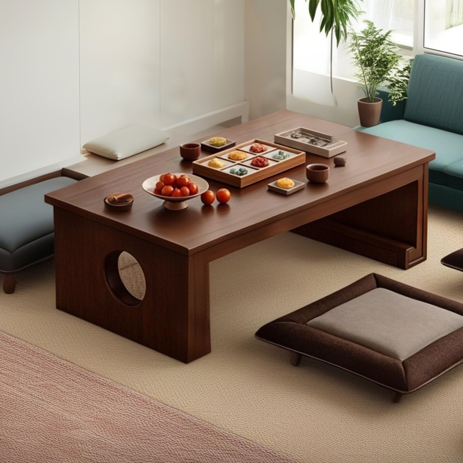 Table basse japonaise avec coussins en bois massif pour salle à manger, thé, tatami, maison, bureau, salon, méditation, balcon