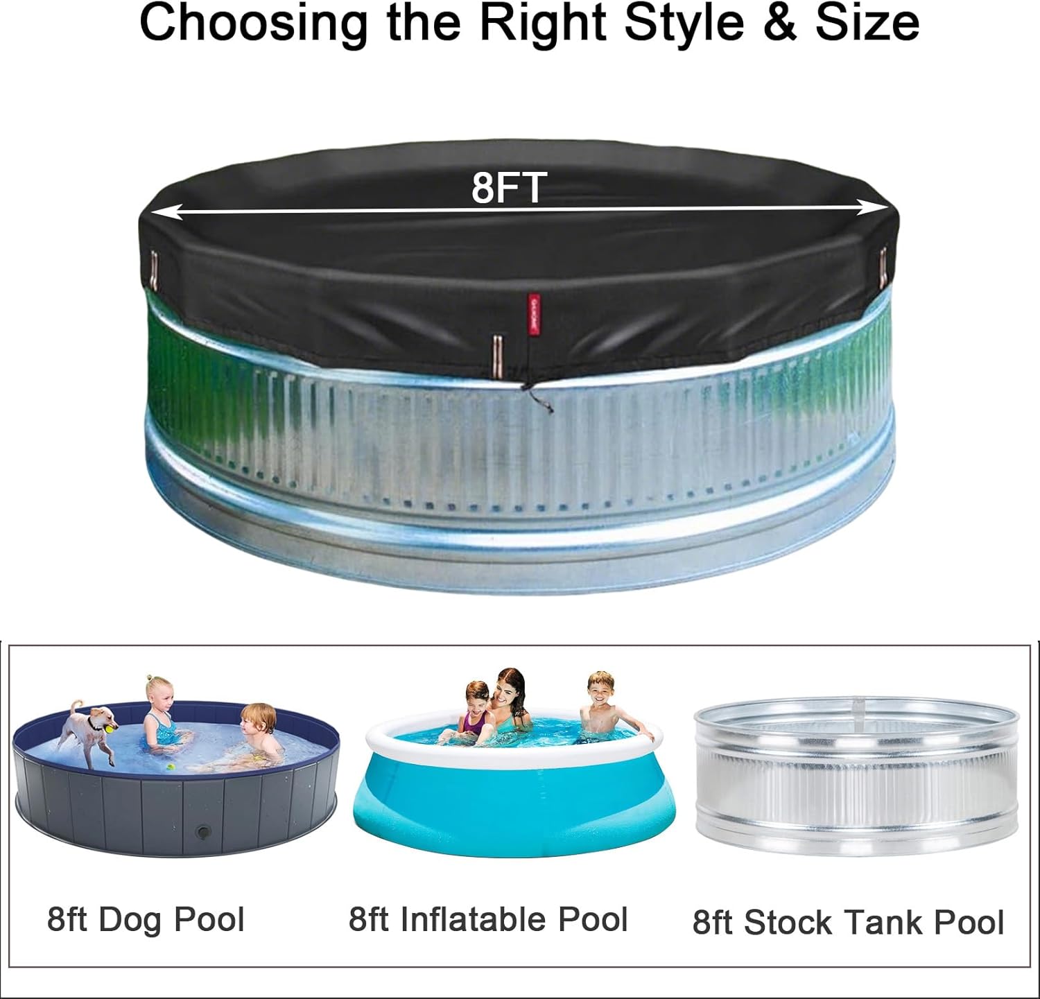 QH.HOME 8 ft Round Pool Cover,Stock Tank Pool Cover - Black Oxford Fabric Heats Water, Blocks Leaves & Sun, Windproof Snug Fit with Drawstring & Weight Rings