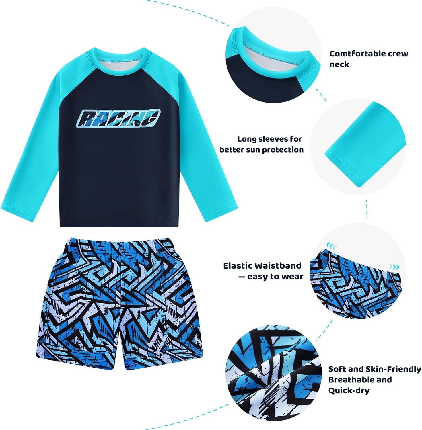 Boys Swim Sets Kids Rash Guard Long Sleeve Swimsuits Boys Quick Dry Bathing Suit for 4-12 Years - Image 2