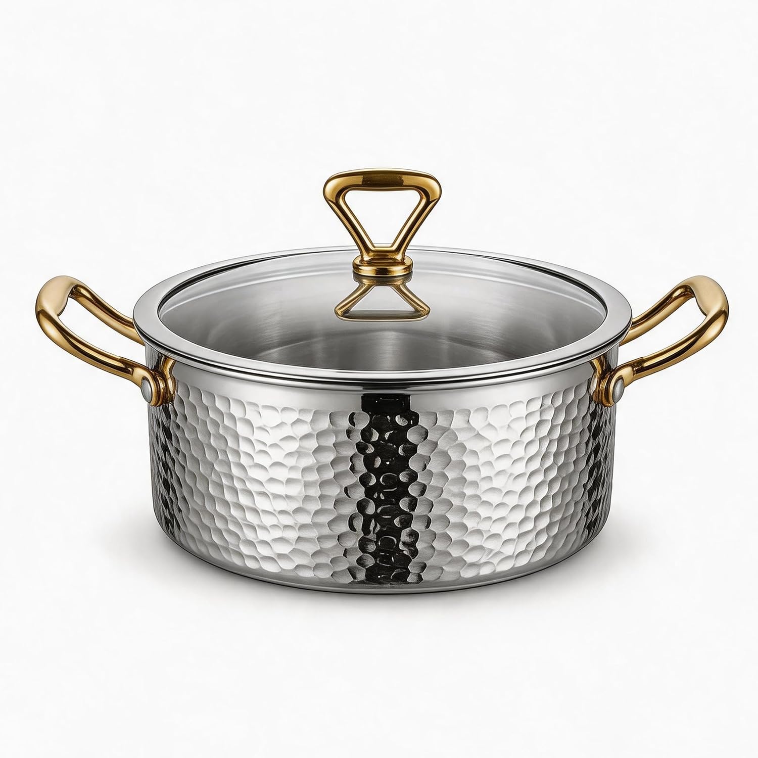 YJX Stainless Steel Stockpot with Glass Lid, Saucepan with Double Handles | 4.6 Quarts, Hammered, 3-Ply Construction, Stovetop Safe, 18/8 Soup Pot for Pasta,Ramen,Sauces