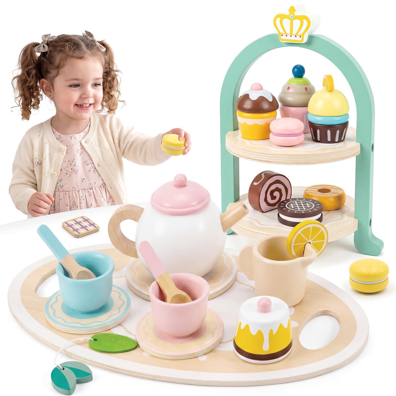 Juego de postres de madera para niños, juguete de cocina con utensilios, regalo de aprendizaje para niños y niñas, juego de cocina de cumpleaños, fiesta de té de madera, juego de cocina para niños de