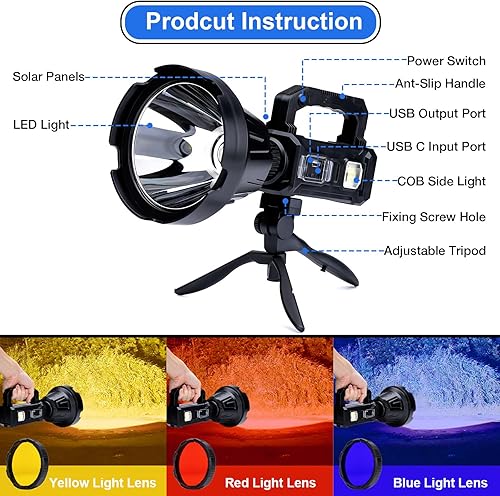 Miniatura 7 de Linterna recargable de foco de mano de 3,000,000L, 6 modos, luz de punto LED superbrillante al aire libre, energía solar con trípode ajustable, luz