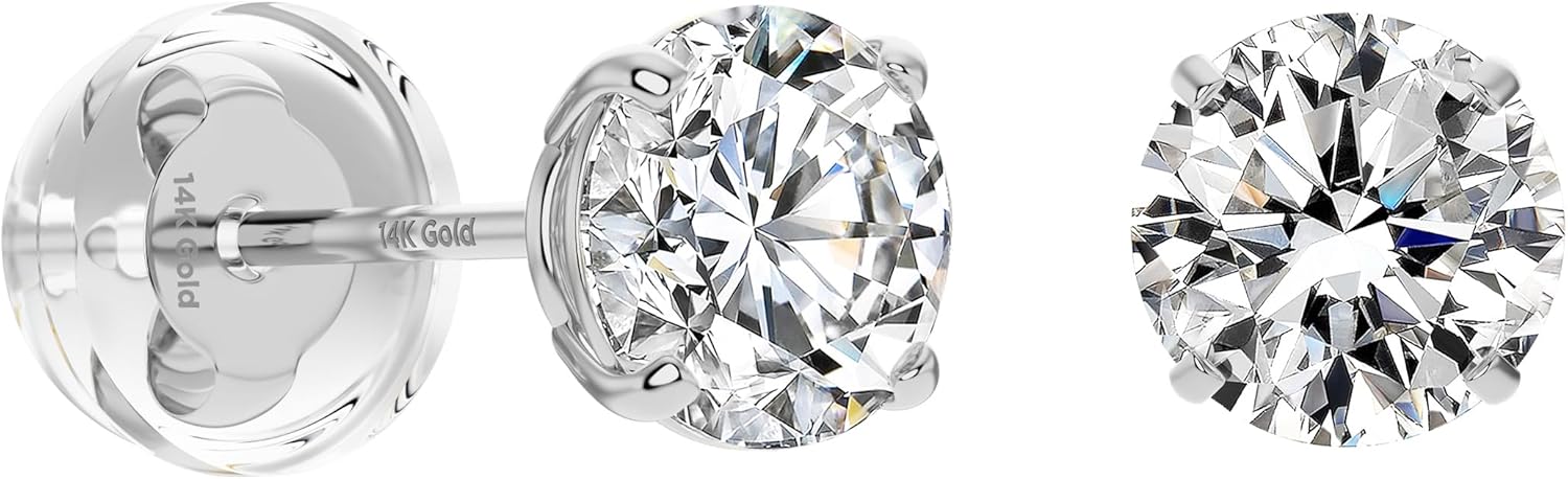 14K Solid Gold Round Cubic Zirconia Stud Earrings for Women – Real Gold Solitaire CZ Studs with Comfortable Push-Backs – Everyday Classic in Multiple Sizes (2mm – 8mm), Yellow Gold or White Gold
