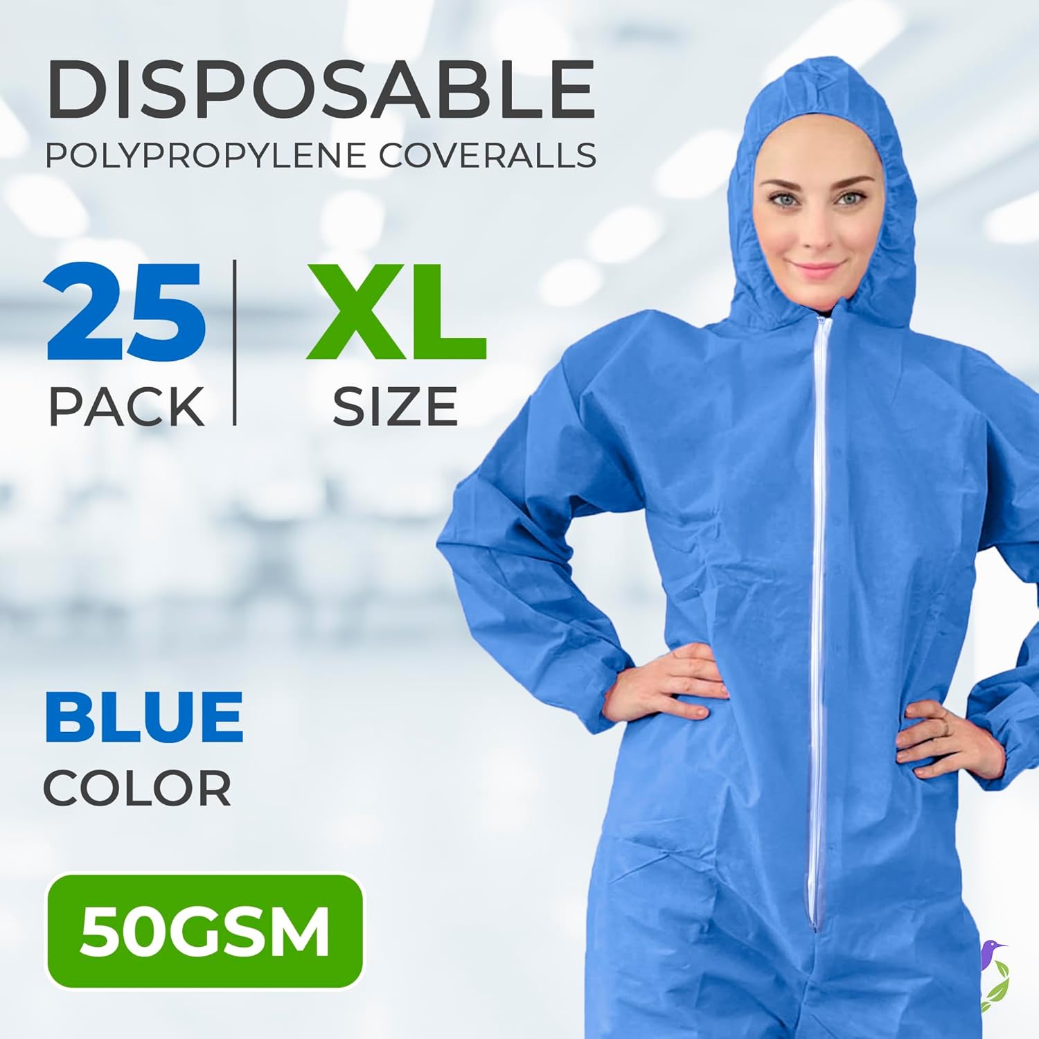 AMZ Medical Supply Blue Disposable Coveralls with Hood and Elastic Wrists, X-Large. Pack of 25 Polypropylene Lab Coveralls with Boots. 50 GSM Painters Suit Disposable. Hazmat Costume Adult