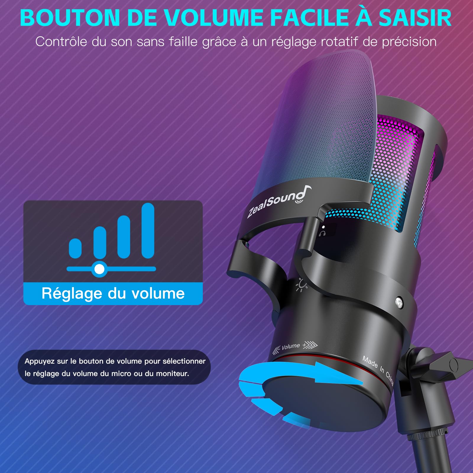 zealsound USB Gaming Microphone,Microphone condensateur à réduction de Bruit pour iPhone/iPad/PC/Mac,avec RGB,Touch Mute,Gain,Prise de contrôle,pour Streaming,Podcast,Youtube,Discord,PS4/5,Gamer Wave