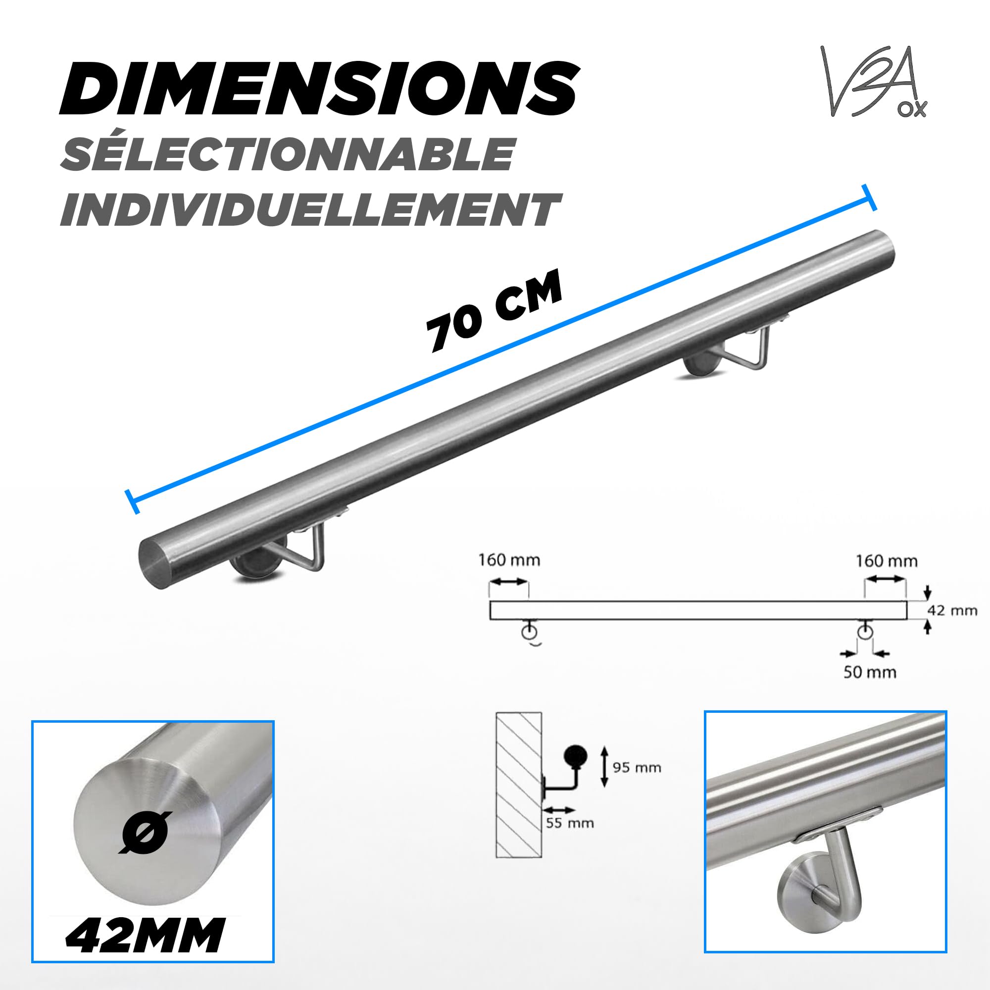 Main courante 304 acier inoxydable rampe escalier barre appui V2Aox 50-200 cm, Lunghezza:70 cm