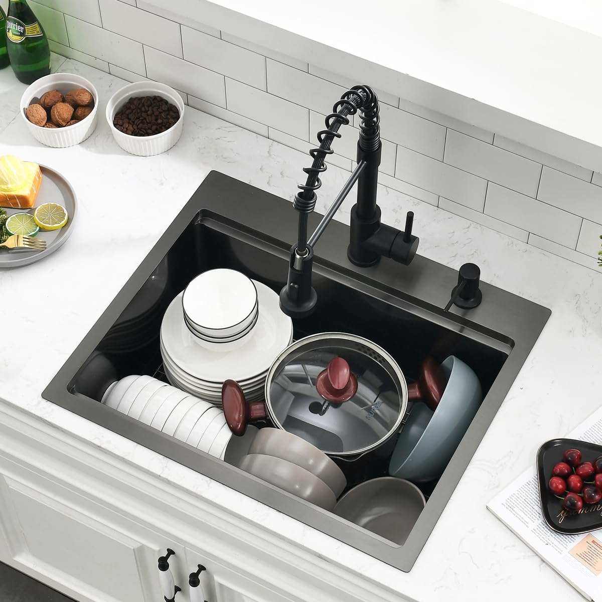 23 Inch Black Drop In Kitchen Sink Workstation - SZBAQTM 23x19-Inch Drop In sink Stainless Steel Single Bowl 10'' Deep Handmade Top Mount Sink with Cutting Board& Strainer