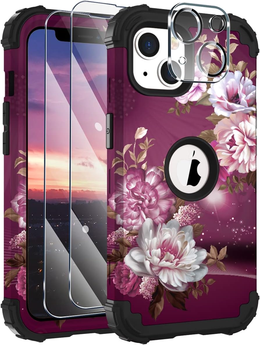 Hocasefor iPhone 13 Case, with 2pcs Screen Protectors and 1pc Camera Protector, Shockproof Heavy Duty Soft Silicone+Hard PC Hybrid Protective Case for iPhone 13 (6.1") 2021 - Royal Purple Flowers