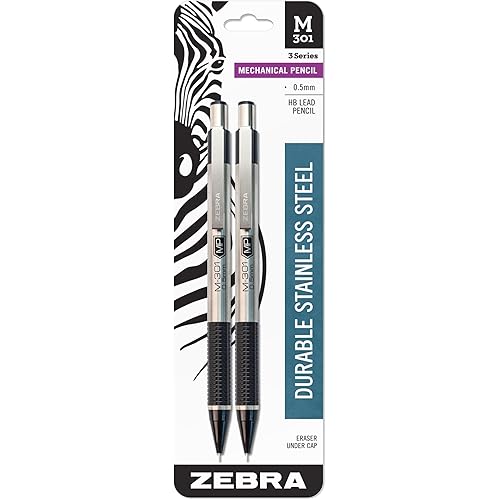 Zebra Pen M-301 Mechanical Pencil, Stainless Steel Barrel, Fine Point, 0.5mm, Black Grip, 2 Count (Pack of 1)