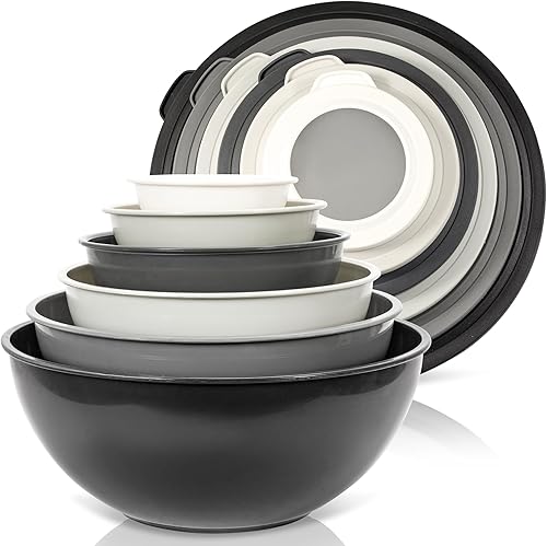 WHYSKO Juego de tazones de mezcla, juego de 12 tazones de plástico coloridos con tapas para preparación de alimentos, almacenamiento y servicio,