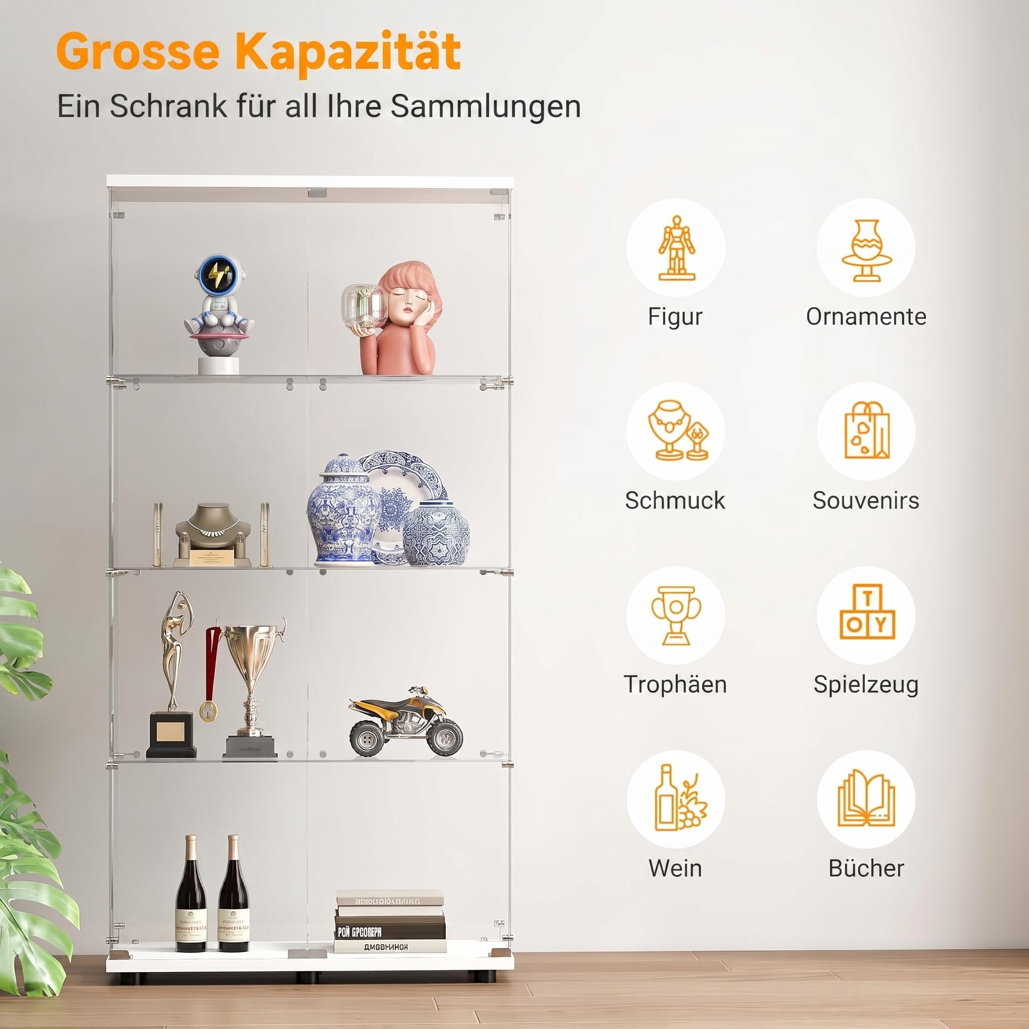 Vitrina De Cristal, Mueble De Colección Transparente, Vitrina Salon, 163x80x35cm, Vitrina Moderna De Pie para Salón, Oficina, Objetos De Colección, Libros, Vino