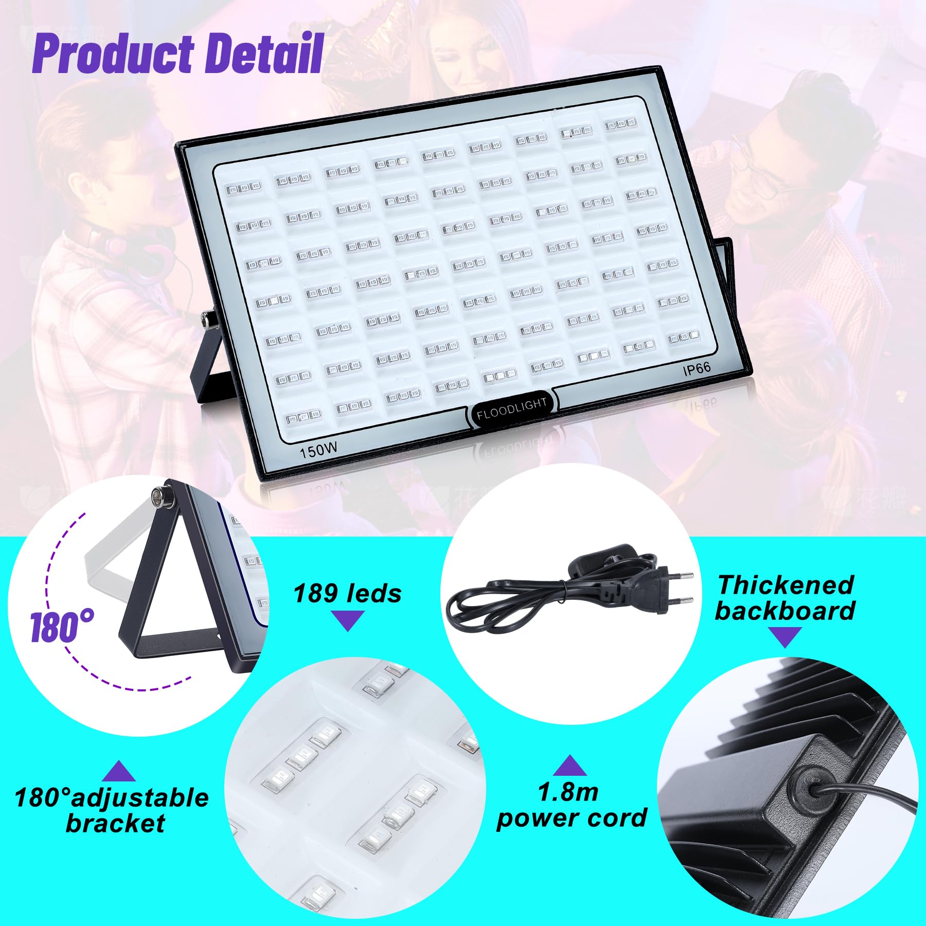 4 Stück 150W UV Schwarzlicht LED Strahler IP66 Wasserdichte Blacklight für Party Halloween Deko