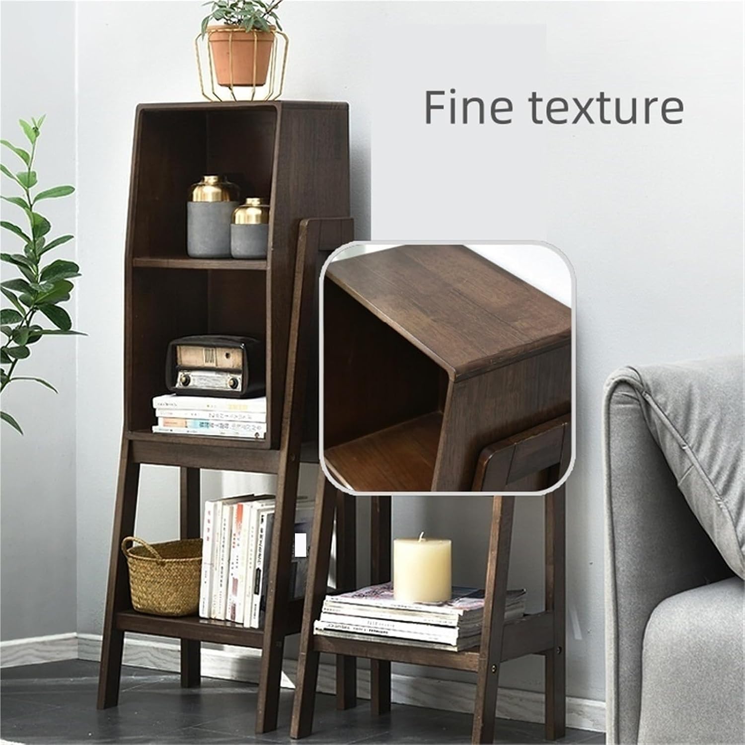 3 Tier Ladder Shelf Freestanding Bookshelf Solid Wood End Table Tall Nightstand with Storage Shelf Side Table Cabinet Bedside Table Sofa Side Table for Living Room ﻿(Brown)