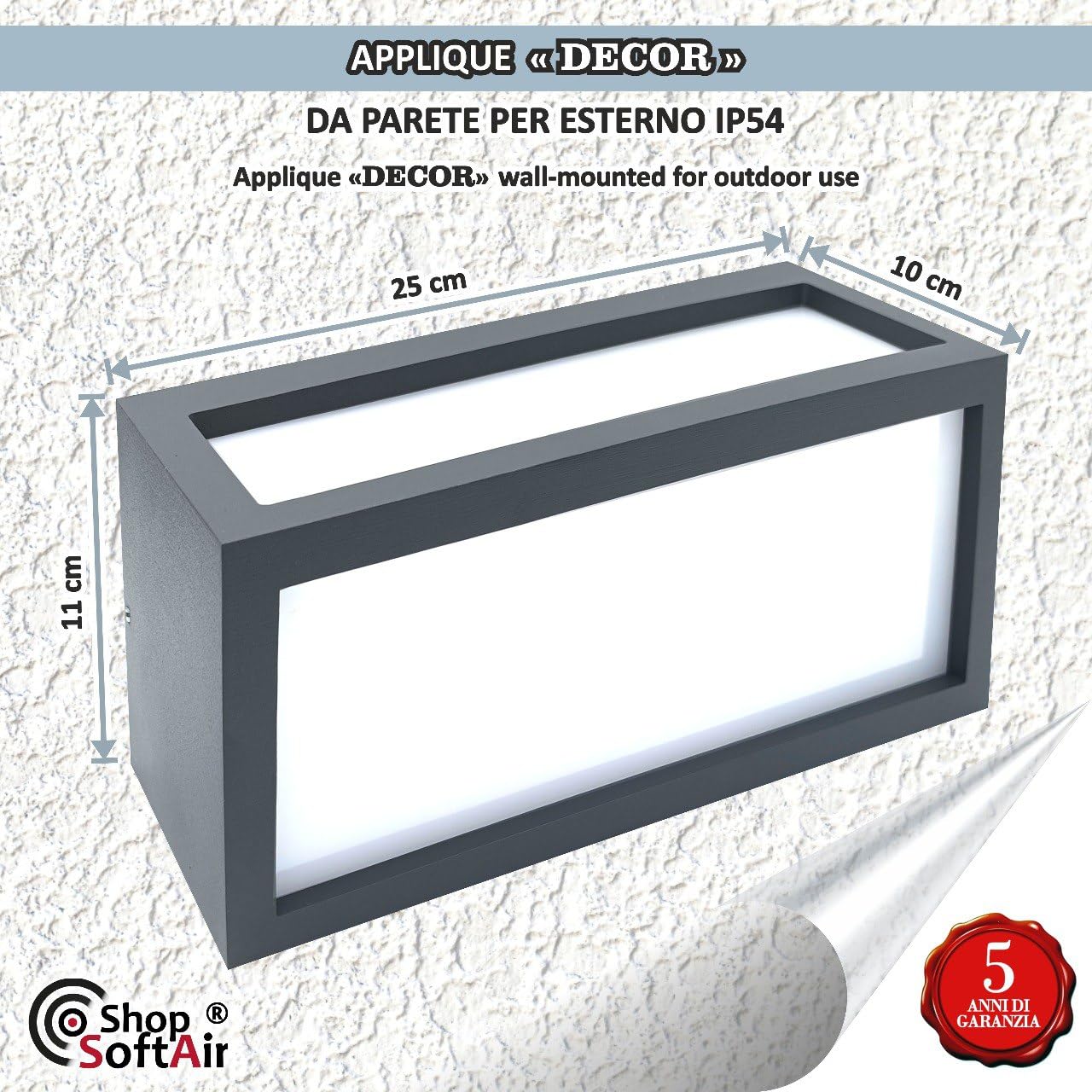 Applique lampada parete da esterno bianco ip54 rettangolare moderna per facciata balcone terrazza - garanzia 5 anni (Antracite)