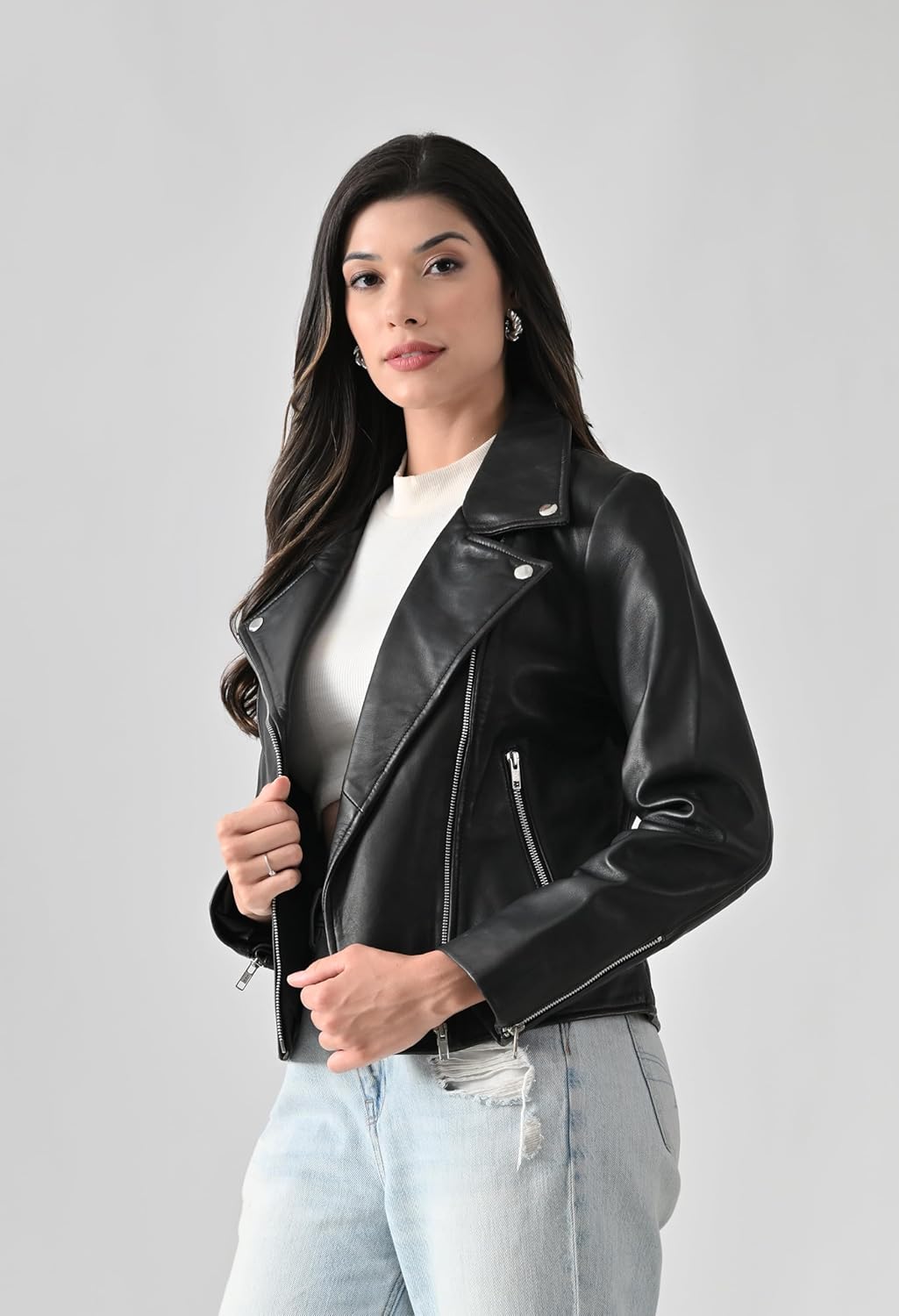 Women's Genuine Black Leather Biker Jacket – Stylish Moto Crop Fit with Zip Details - Image 3