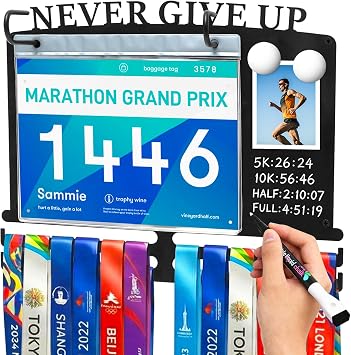 Medal Holder with Race Bib Display & Erasable Chalkboard   Includes 2 Magnets & 10 Bib Protectors, Holds 40 Bibs & 50 Medals, Heavy Duty Metal Wall Rack for Runner Marathon Park Run Gift