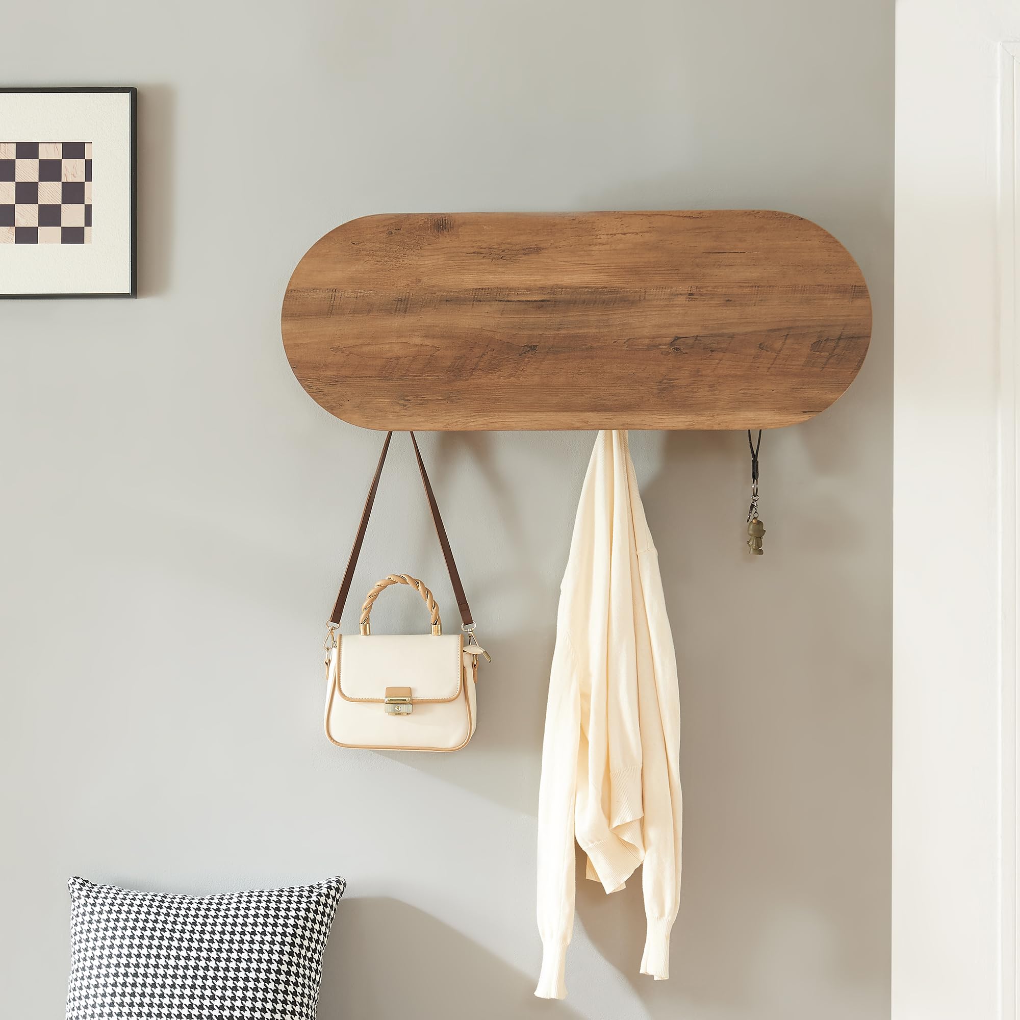 [en.casa] Étagère Murale avec 6 Crochets et Compartiment de Rangement Étagères Latérales Portemanteau Moderne pour Accessoires Chambre Entrée Panneau de Particules Métal 30 x 80 x 16 cm Effet Noyer
