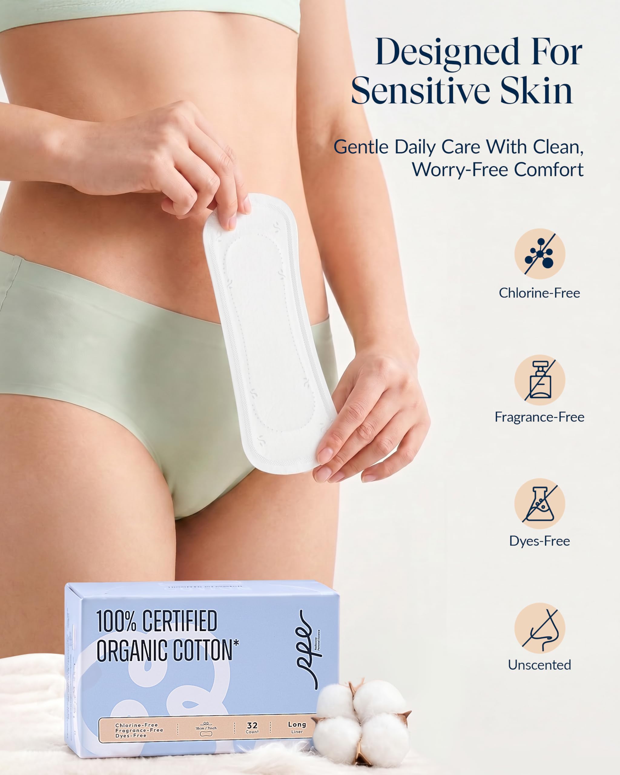 100 % organische lange Slipeinlagen für Damen, lang, ultradünner Baumwollbezug, lange Slipeinlagen, leichte Saugfähigkeit, geruchlos, Barely There Slipeinlagen, einzeln verpackt (Long Liner, Größe 2,