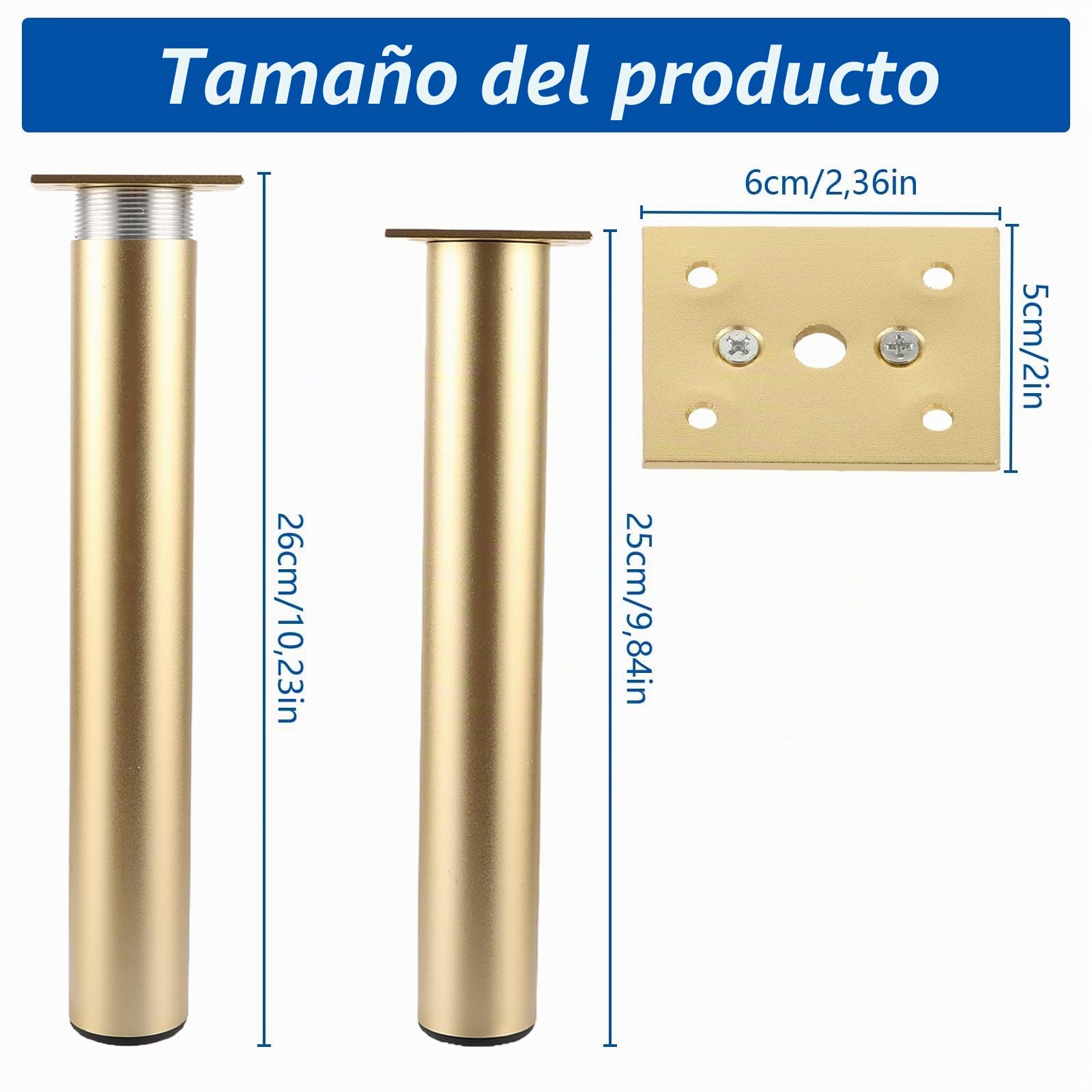 YAYODS - Juego de 4 patas de muebles (25 cm, ajustable, metal dorado, con tornillos, para sofá, TV, mesilla de noche, mesa de café, armario, oficina