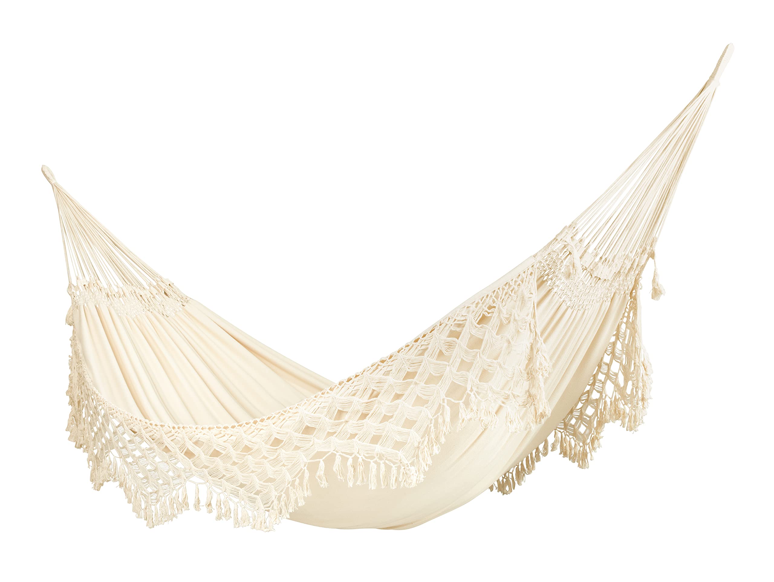LA SIESTA® Bossanova Amaca Classic Kingisze in cotone biologico e supporto in legno, struttura amaca esterna interna - Amaca Boho con supporto, Amaca su piede 2 persone per giardino balcone - Latte