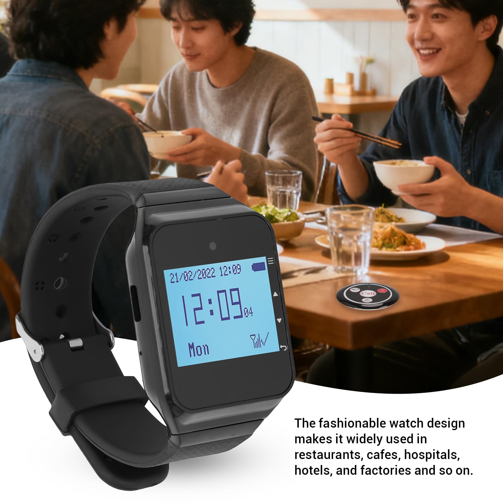 Bewinner sistem Cercapersone Ristorante, 10 Cercapersone Assistente, 1 Ricevitore Orologio, sistem di Chiamata Wireless IPX4 con Vibrazione, Lampeggiante e Cicalino per Chiesa, (BLACK)