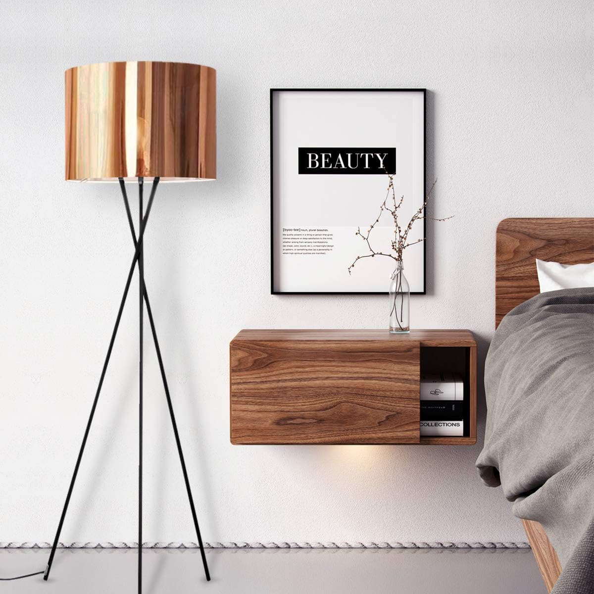 Osasy Modern Tripod Floor Lamp,Minimalist Floor lamp,with Beige Lining Gorgeous Copper Effect Light Shade Floor Lamps for Bedroom,Living Room,Office,Energy Saving Bedside Floor Lamp [Energy Class A+++]