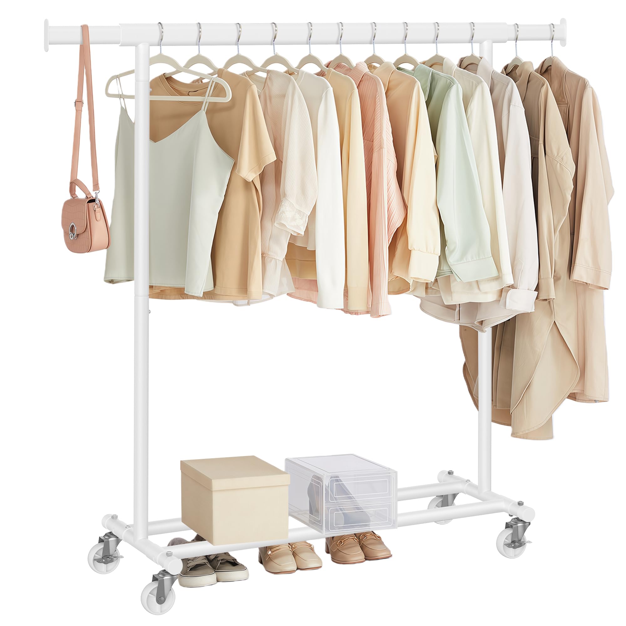 SONGMICS Clothes Rack on Wheels, Heavy Duty Clothes Rail, 45 x (92-132) x 161.5 cm, with Extendable Hanging Rail, 100 kg Load Capacity, Easy Assembly, Portable, White HSR013W01