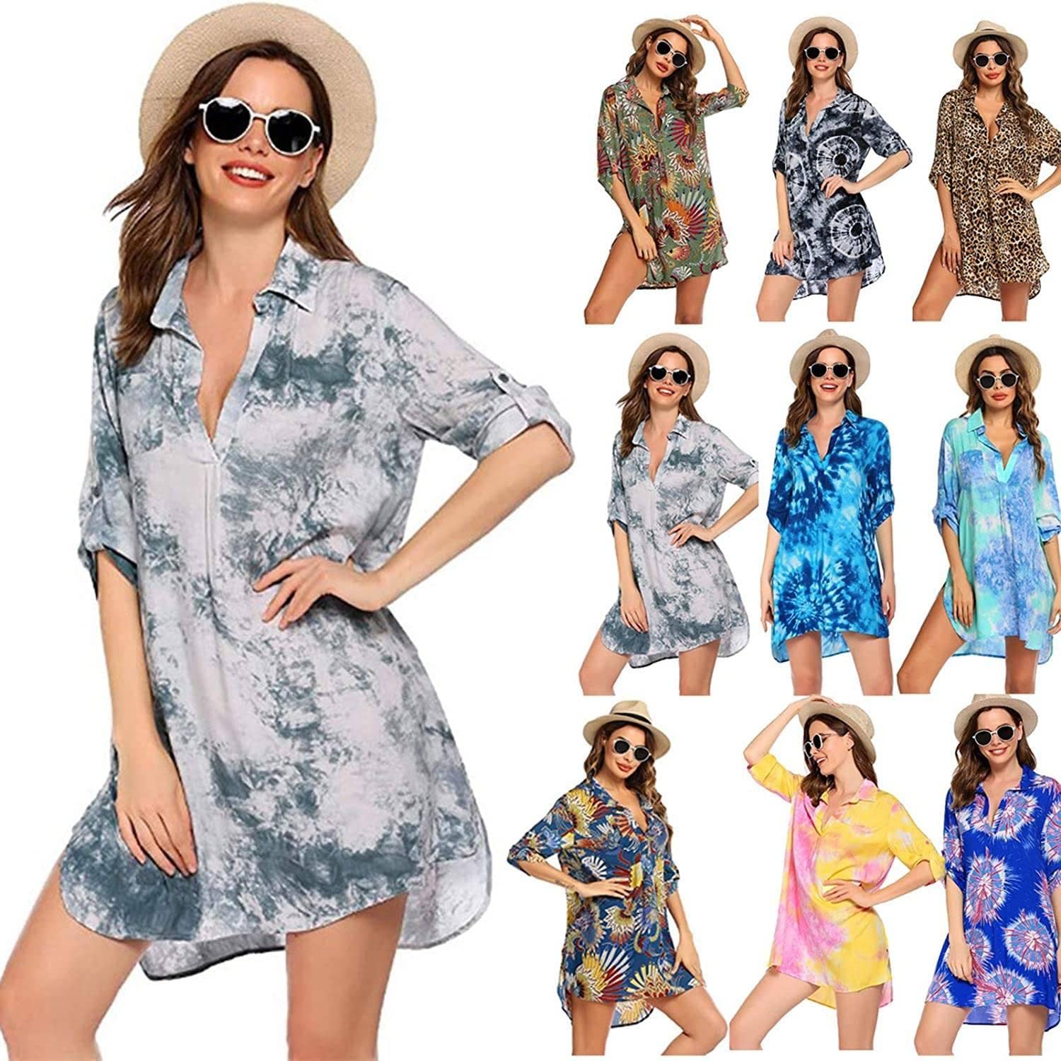 Cuello en V Pareos Playa Vestido de Playa Camisero de Manga Corta Mujer Camisa Suelta Vestido Pareo Playa Ropa de Baño Playa Bikini Cover up