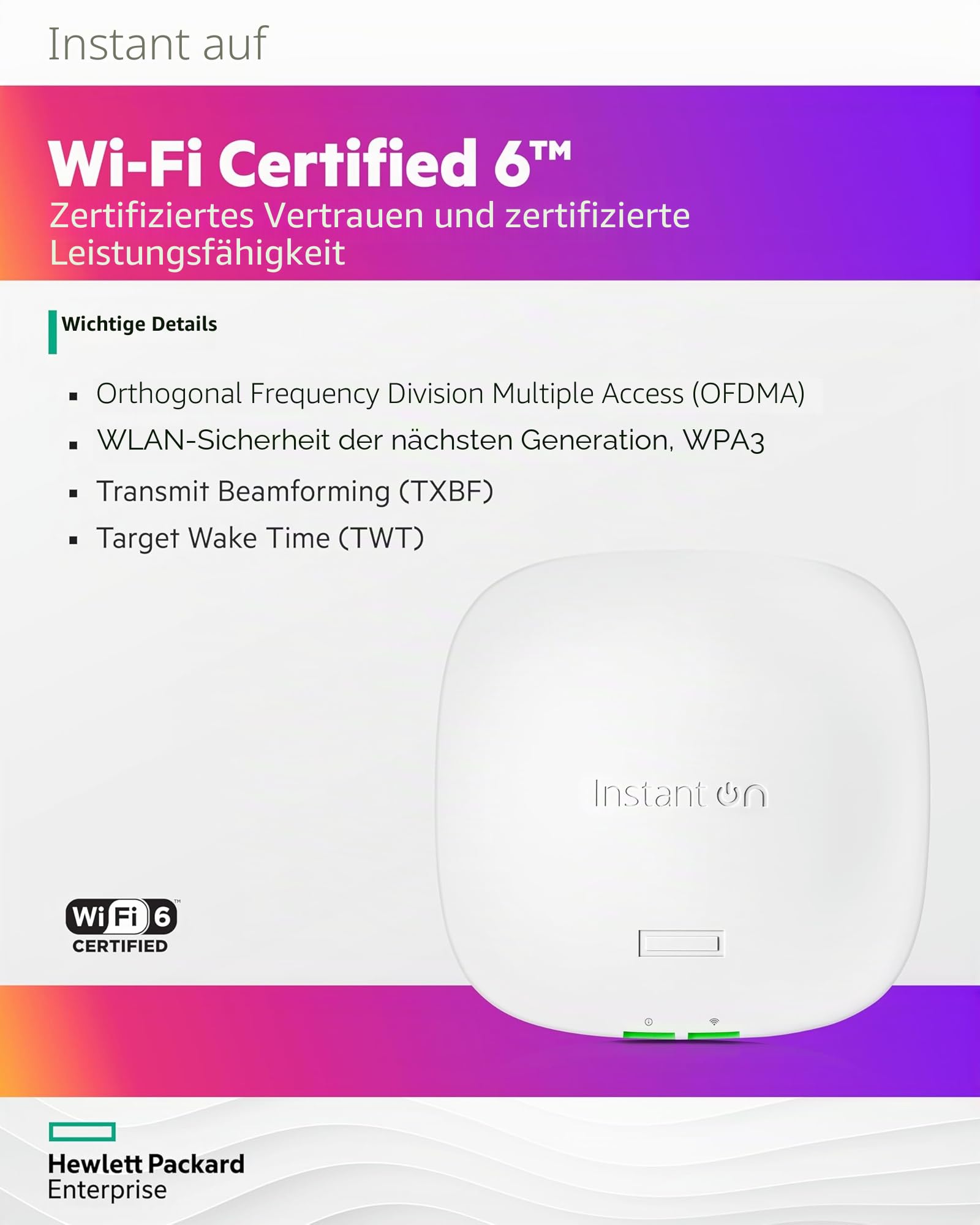 HPE Networking Instant On Access Point AP21 2x2 WiFi 6 Innenbereich | Netzteil Nicht im Lieferumfang enthalten | RW Rest-of-World-Modell (S1T09A)