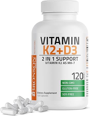 Bronson Vitamin K2 (MK7) with D3 Supplement Non-GMO Formula 5000 IU Vitamin D3 & 90 mcg Vitamin K2 MK-7 Easy to Swallow Vitamin D & K Complex, 120 Capsules.