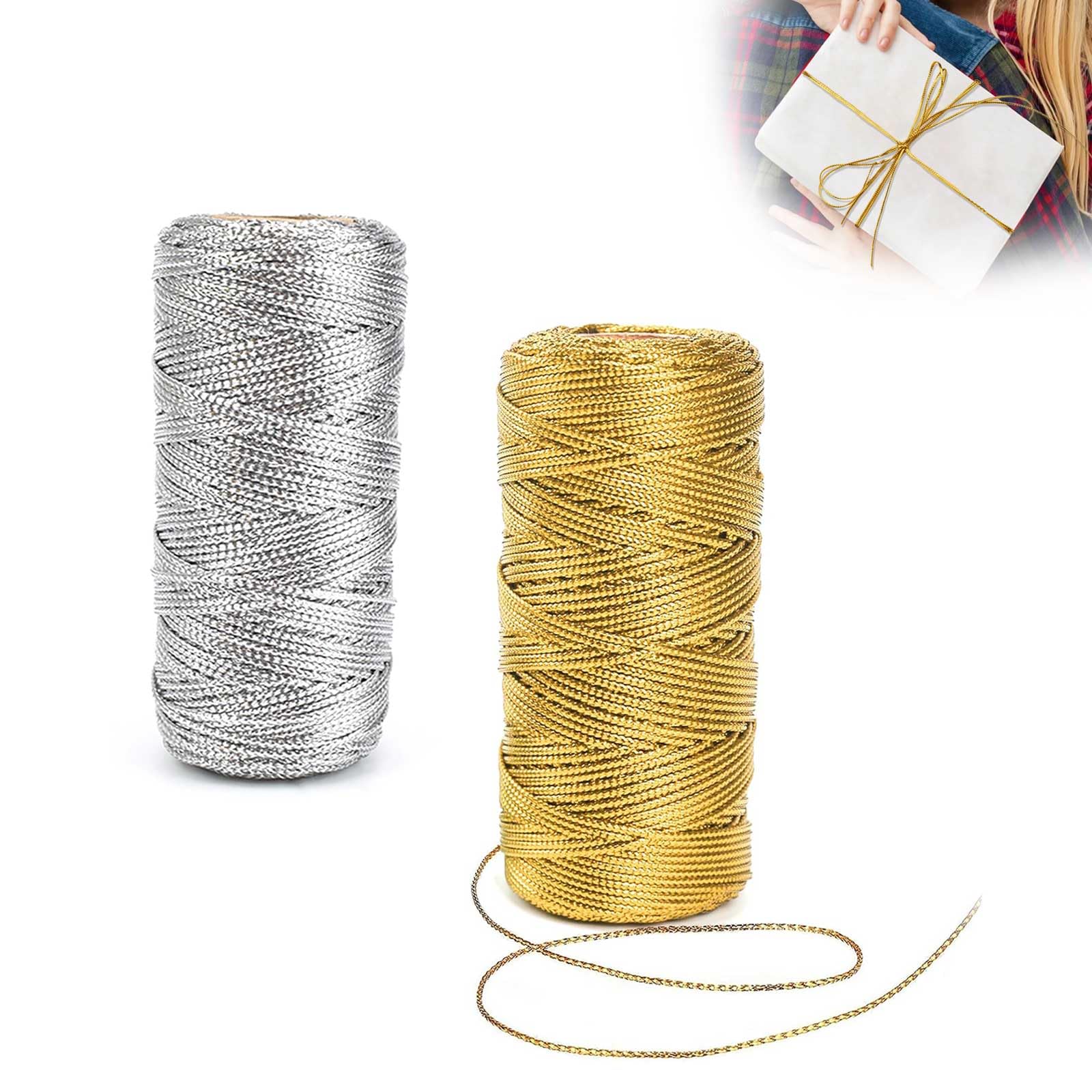 2 Rouleaux Fil Doré Métallique 200m - Fil Tressé Paillettes 1.5mm Or Et Argent Pour Emballage Cadeaux Et Bricolage