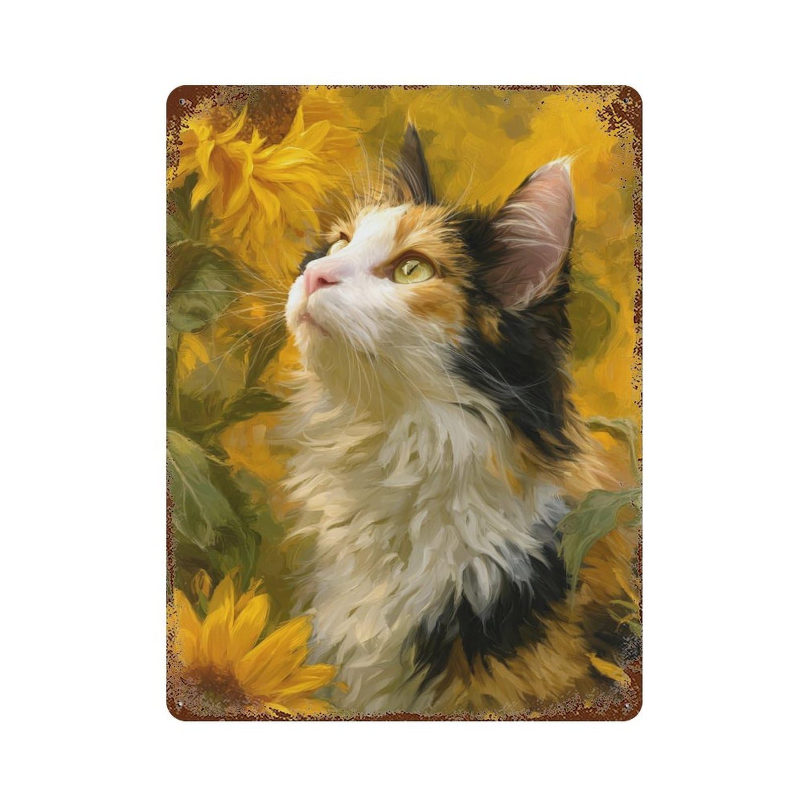 Sunflower Cat Art Print Retro Metal Sign 15.7"x11.8", Decorative Metal Wall Art for Basement, Hobby Room And Garage Decor