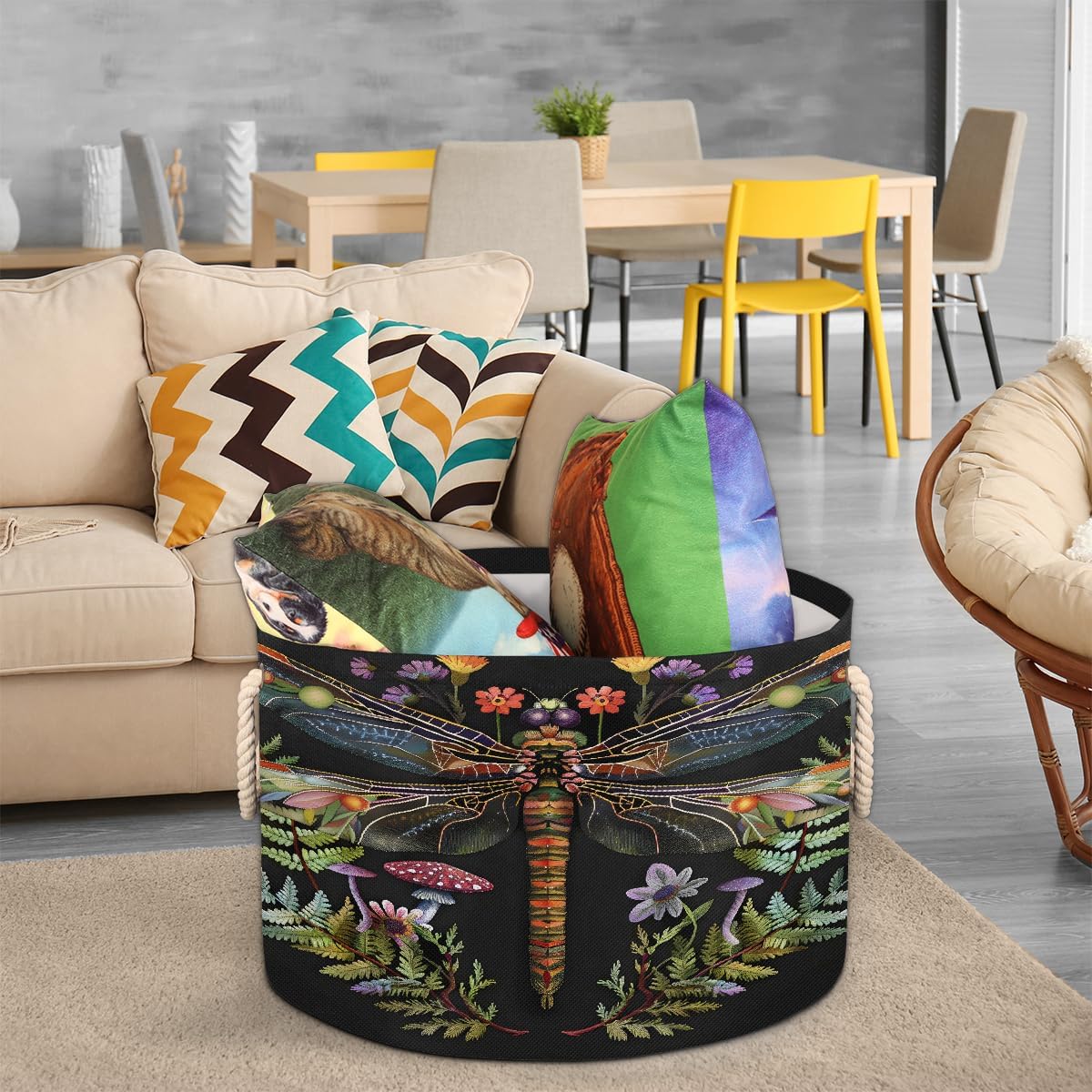 Large Round Laundry Basket Abstract Animal Flower Toy Bins Organizers and Storage for Girls Canvas Collapsible Blanket Storage Basket Laundry Hamper Gift Baskets Bedroom Clothes Children Nursery