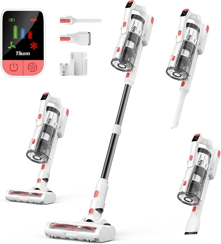 V750 Cordless Vacuum Cleaner for Home, 45000Pa/500W Stick Vacuum with LED Display, Charging Wall Dock, Anti-Tangle, Lightweight Handheld Vacuum for Pet Hair, Hard Floor, Carpet, White