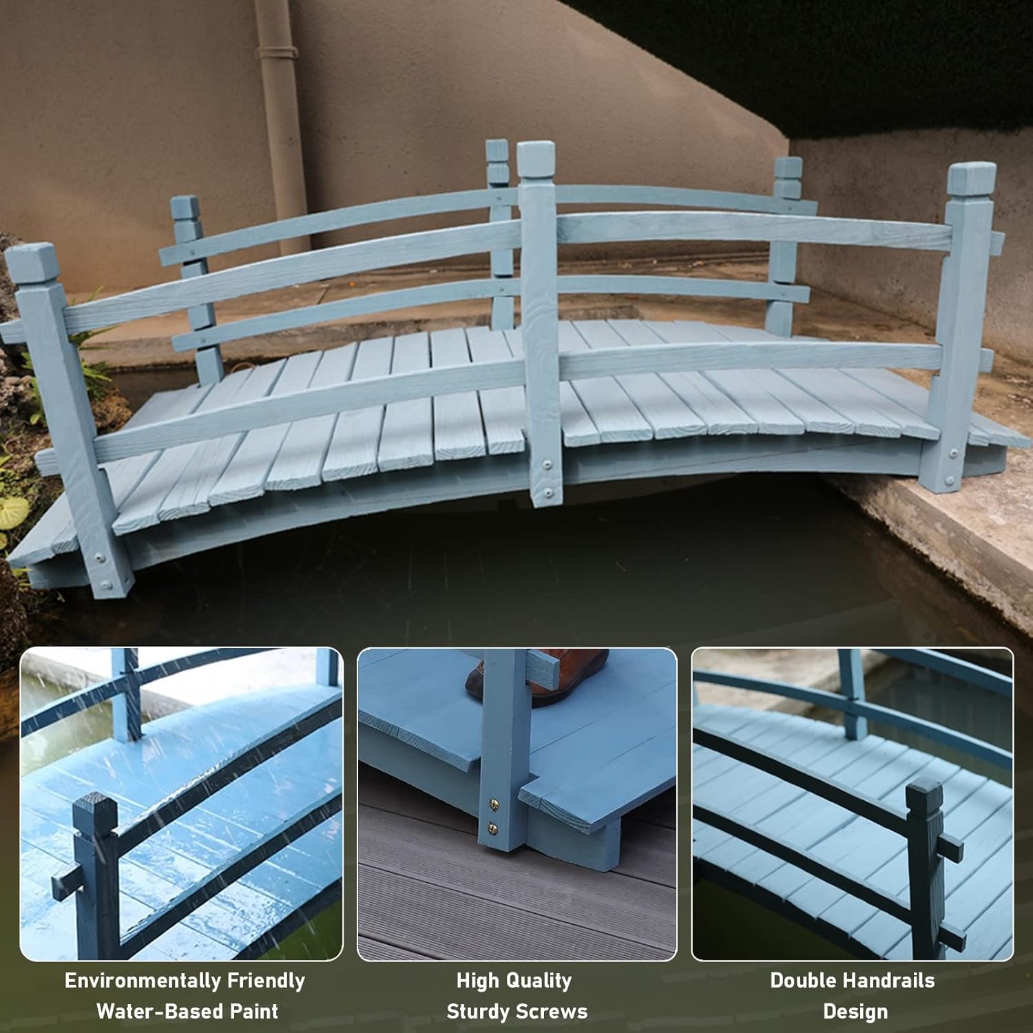 Garden Wooden Bridge Stream Creeks Wood Bridge for Garden Park, 2 Handrails Design Landscaping Bridge Backyard Walkway, Arch-Shaped Outdoor Ponds Bridge, Blue