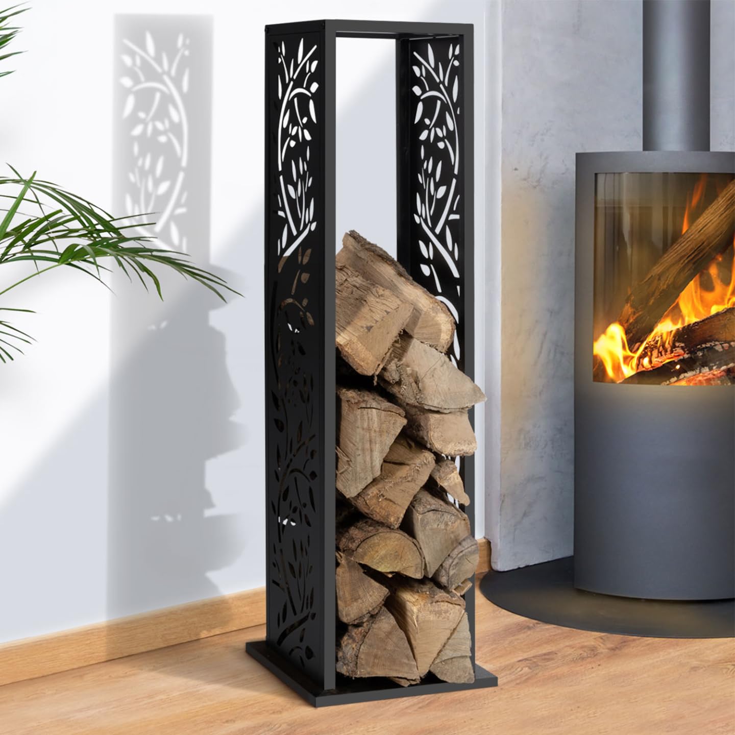IDMarket Range-Bûches Vertical Large 3 Étagères – 66x33x112 Cm, Acier & Effet Bois Pour Cheminée