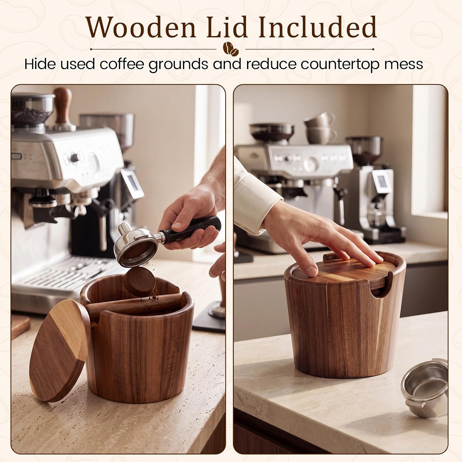 Newtay 5 Inch Espresso Knock Box with Lid Acacia Wood Coffee Puck Container