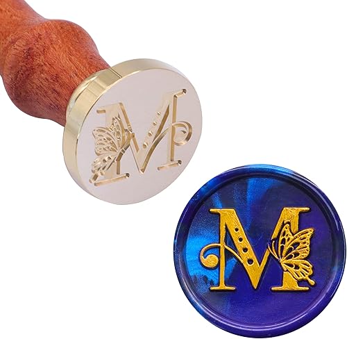 Miniatura 5 de SWANGSA Kit de sello de cera inicial del alfabeto M, sello de sellado de letras de mariposa vintage con 200 cuentas de cera de sellado