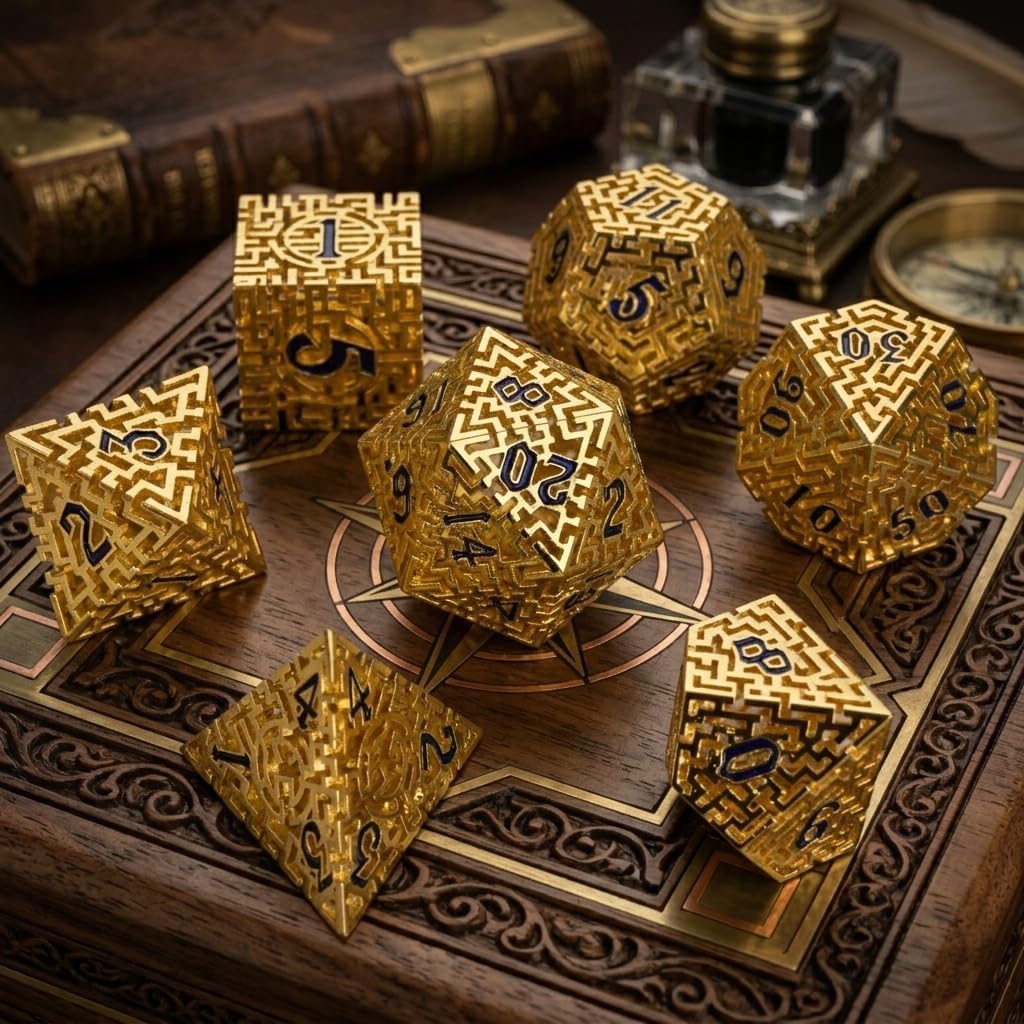 Hollow Metal The Lost Maze DND Dice Set with an Iron Box for DND COC Role Playing dice Games and Board Games Gift (Glod)