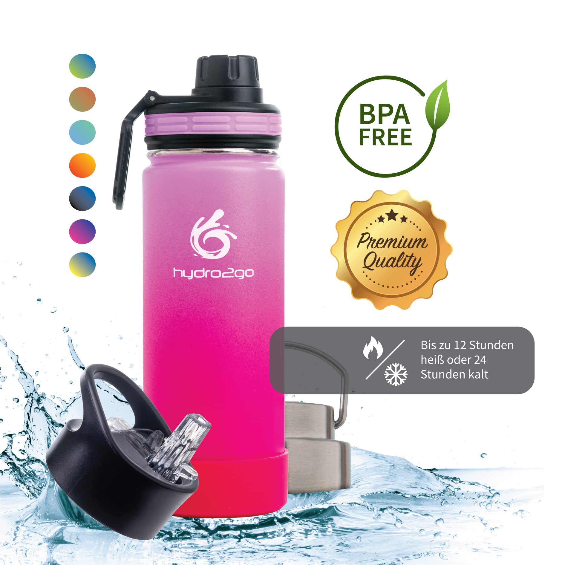 hydro2go stainless steel water bottle BPA-free for kids school sports outdoor keeps drinks hot 12H cold 24H - Image 2
