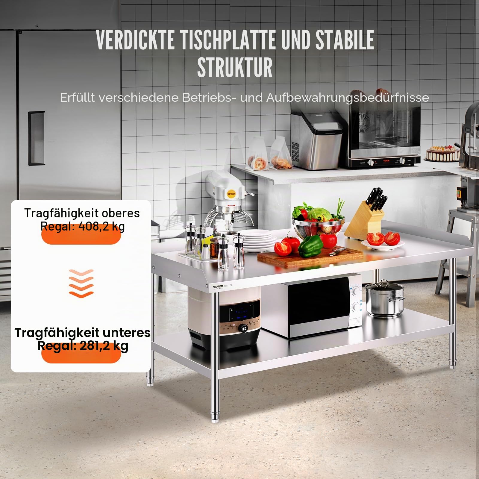 VEVOR Arbeitstisch Edelstahl, gewerblicher Arbeitstisch zur Lebensmittelzubereitung, 3-seitiger Spritzschutz, Arbeitstisch mit Einstellbarer Höhe (762 x 1524 x 660 mm)