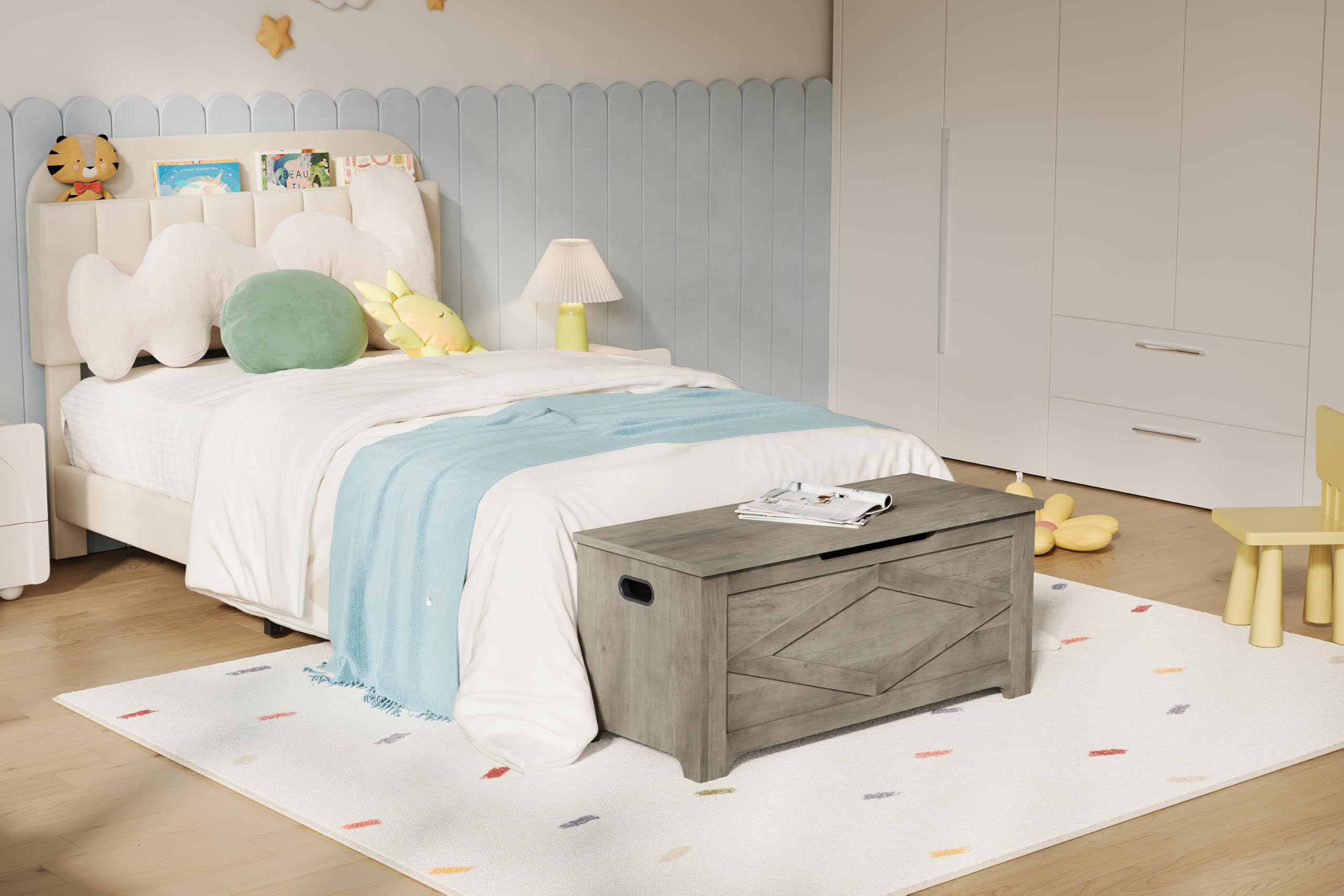 GarveeHome Graue Sitzbare Aufbewahrungsbox im Bauernhaus-Stil, 136kg Tragfähigkeit, Großkapazität Für Spielzeug & Kleidung, Für Kinderzimmer & Wohnzimmer, Größe 100 x 40 x 45 cm