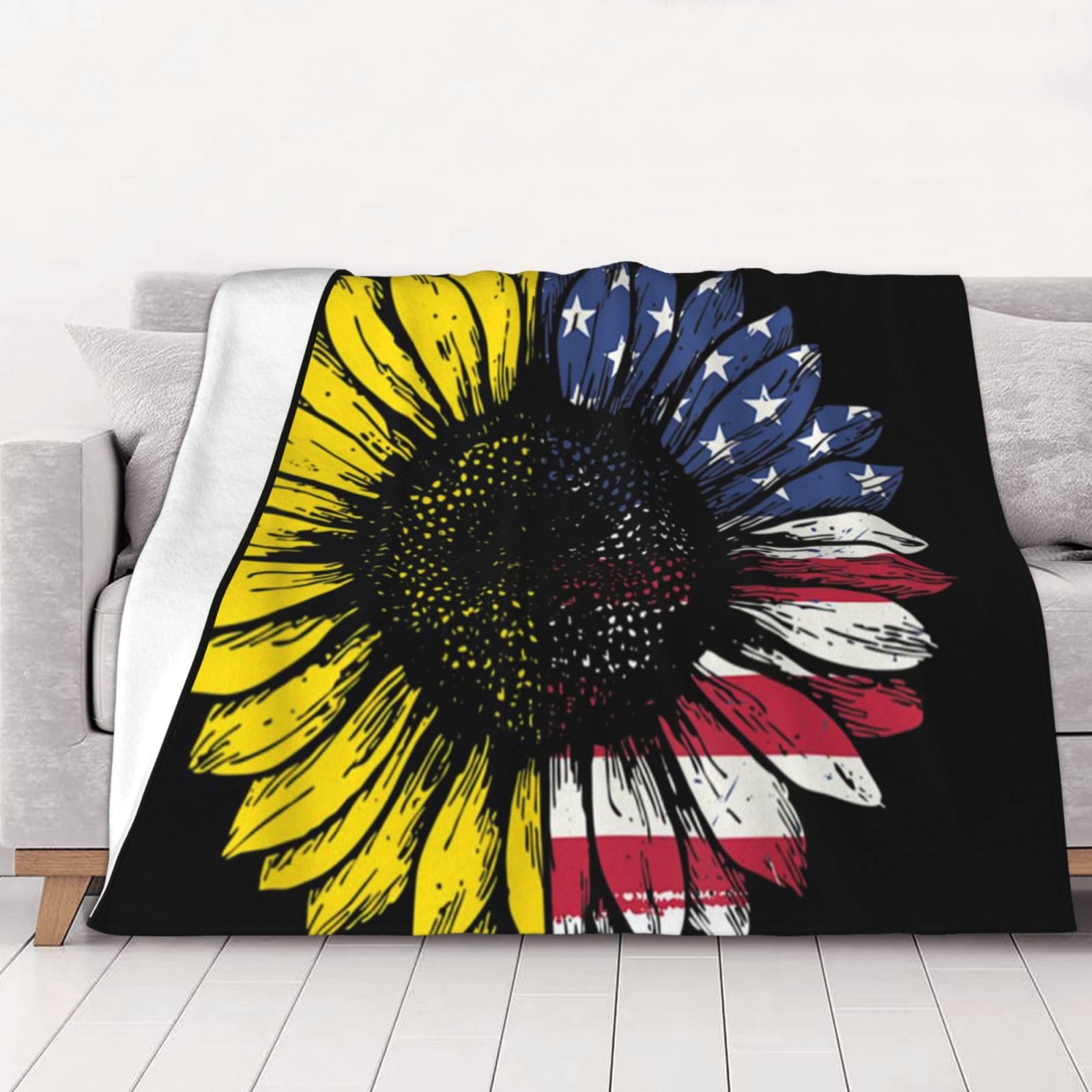 AUBKFELD Sunflower American Flag Printed Flannel Blanket 200x150 CM, Soft & Warm Throw Blanket for Sofa/Couch/Bed/Car, Gifts for Audlts Women Men