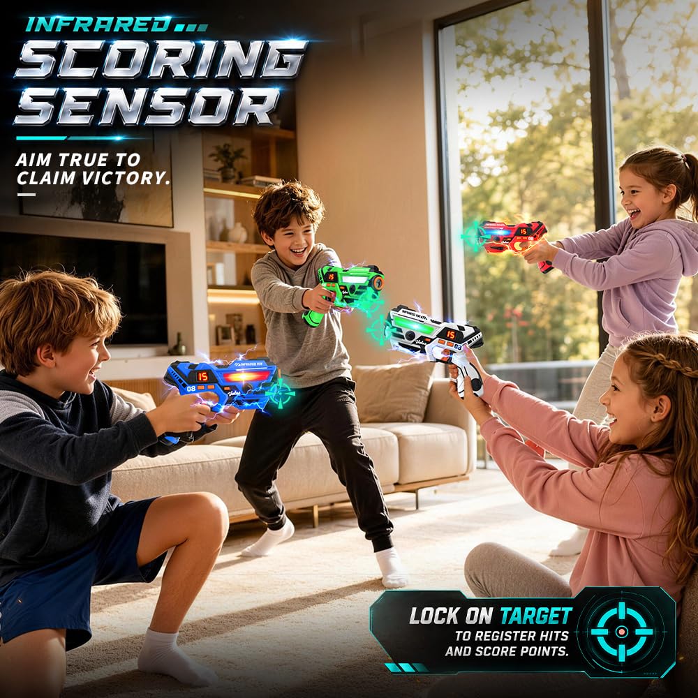 VATOS Set Laser Tag Ricaricabile 4 Pezzi, Giocattoli Pistola Laser con Schermo LED, Raggio 40 m per Interni ed Esterni - Gioco per Ragazzi e Famiglia, Regalo di Compleanno e Vacanza per Bambini 6+