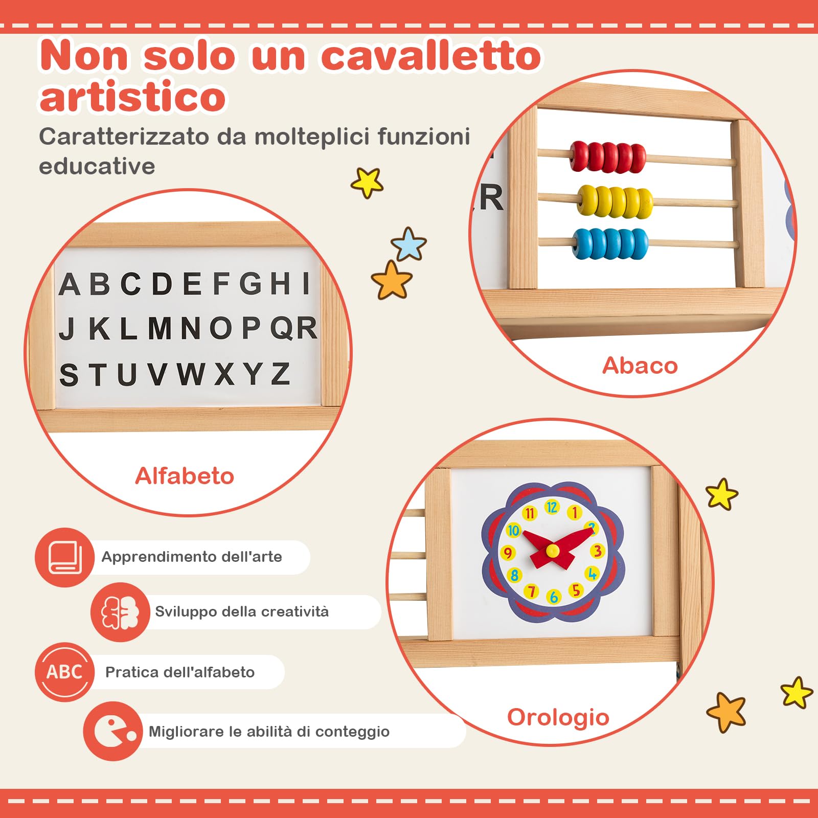 RELAX4LIFE Cavalletto d’Arte per Bambini, Cavalletto in Legno Bifacciale Regolabile con Lavagna Magnetica e Classica, Lettere Magnetiche, Lavagna da Disegno in Piedi per Bambini e Bambine