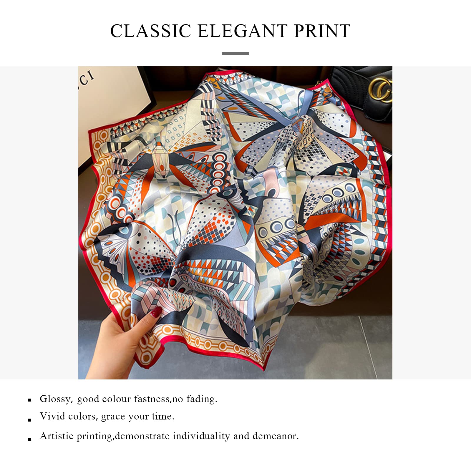 Elegantes Envolturas Suaves Bufandas for Mujer,Bufanda De Seda Bufanda Cuadrada for Mujer 70 × 70 Cm Patrón De Monograma De Cadena Geométrica Estampado Retro Bufandas Pequeñas De Satén Ligero Pañuelo