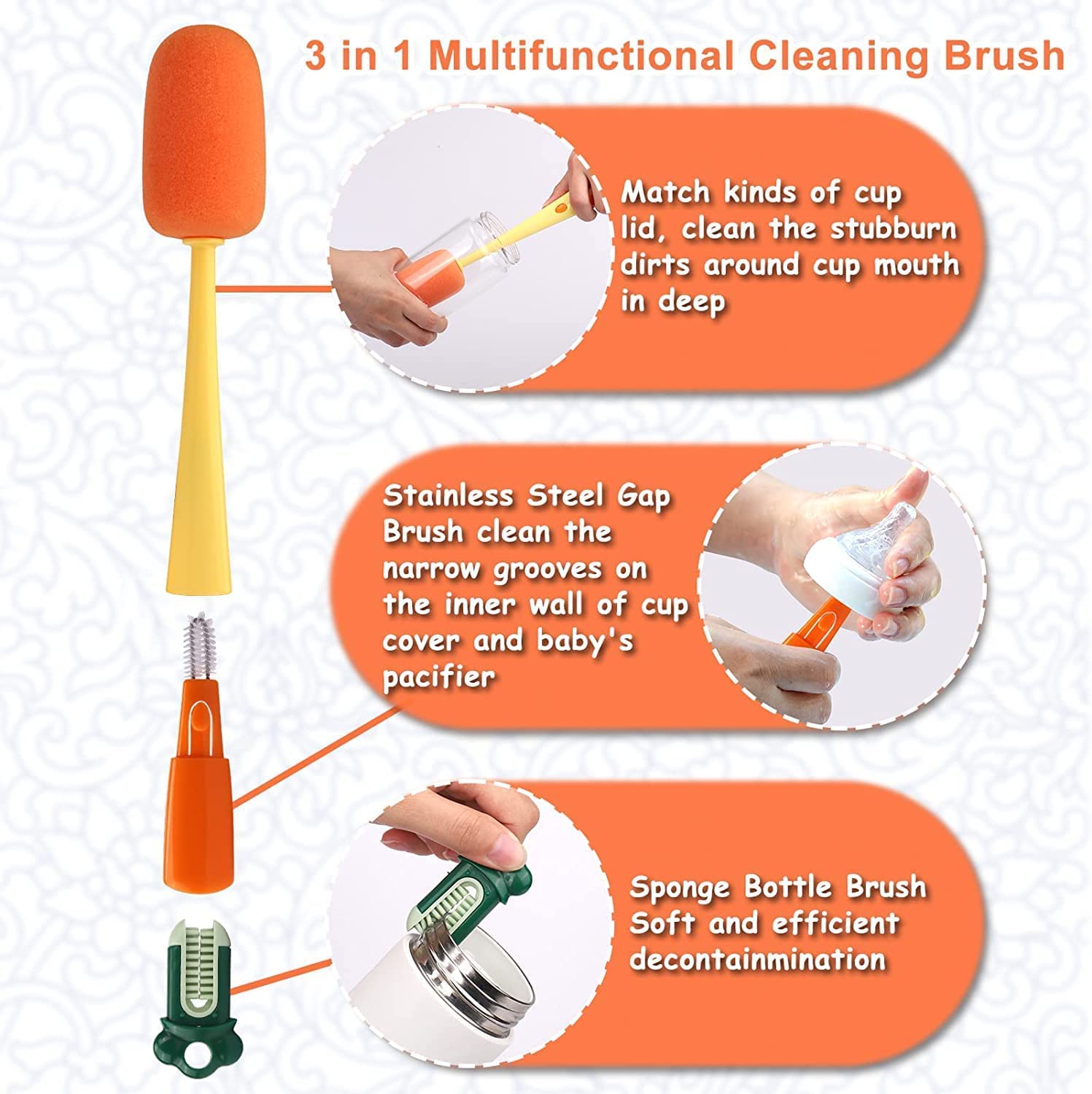 HEVIR 3 in 1 Multi Bottle Cleaning Brush - Sponge Baby Bottle & Cup Cleaner - Long Handle, Replaceable Sponge & Silicone Cover Brush for Water Bottles, Tumblers, Cups 4