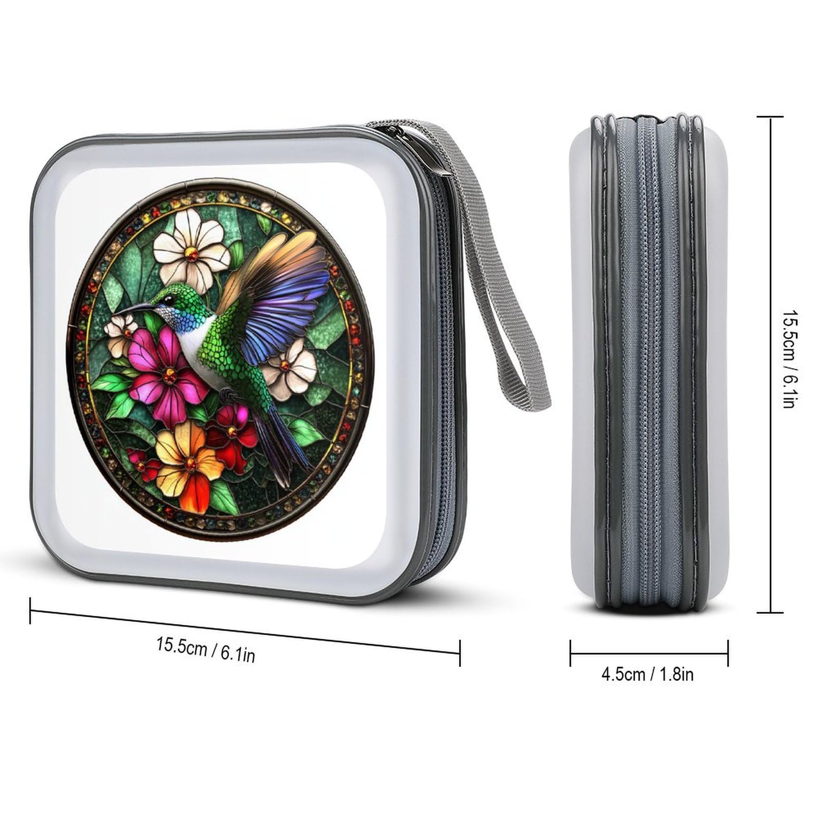 Stained Glass Hummingbird with Colorful Flowers CD Case DVD Storage Case Portable