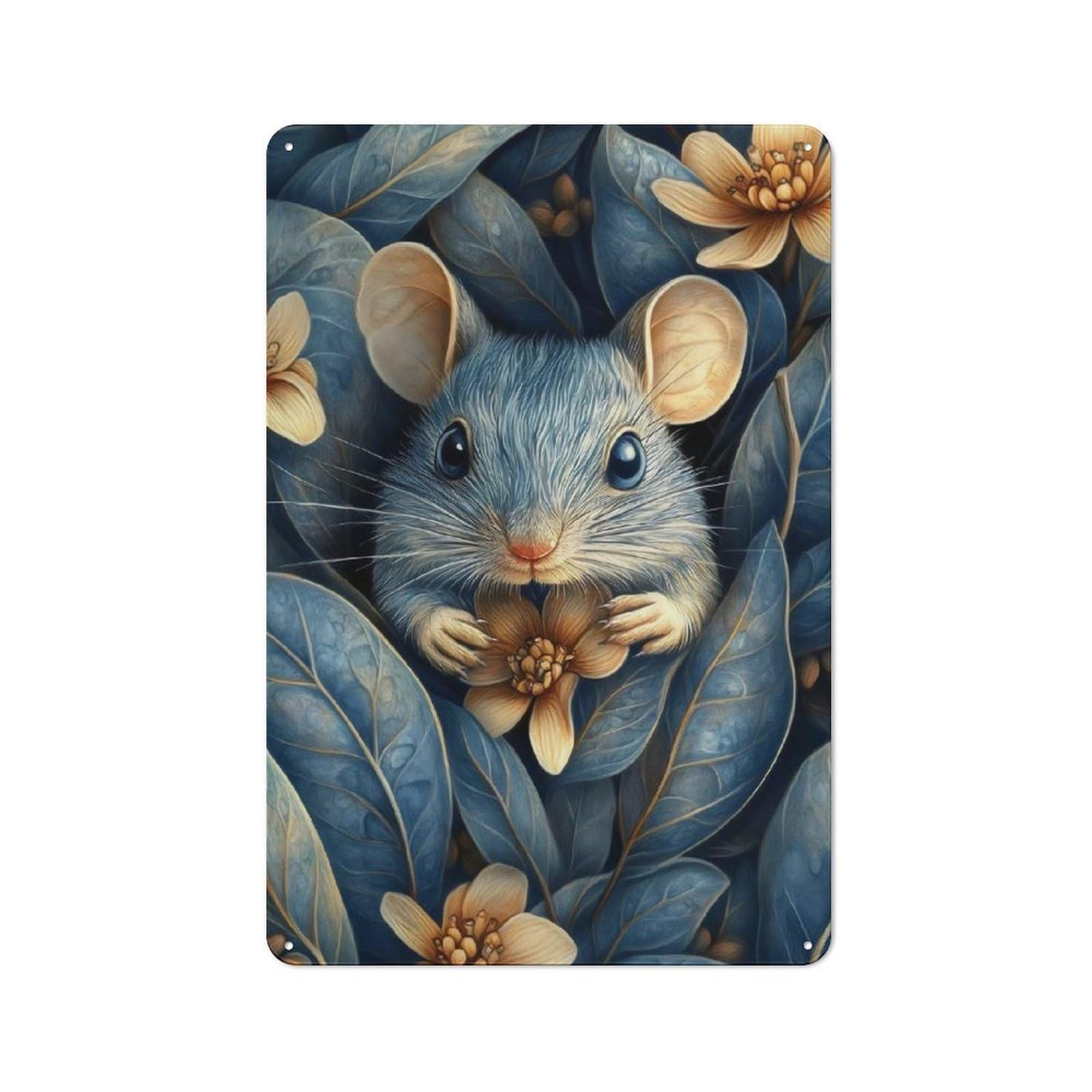 Retro Tin Sign 30x20cm Featuring Blue Mouse in Blue Foliage for Bar Or Restaurant, Suited to Wall Displays in Bars And Restaurants